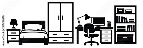 Simple home furniture set featuring a bed, wardrobe, desk, and bookshelf for interior design