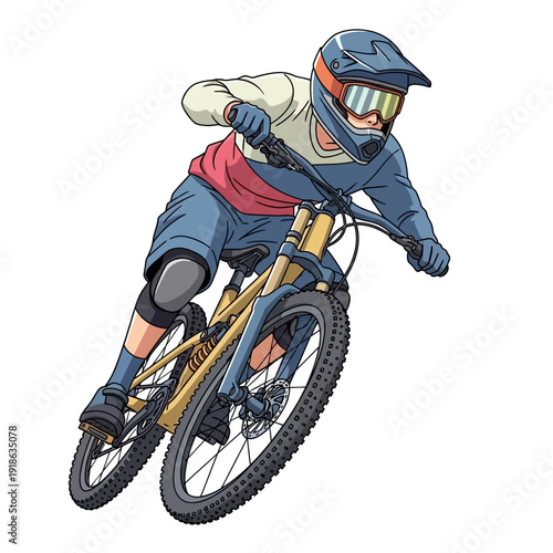 Downhill mountain biker in action, wearing helmet and goggles, cartoon illustration