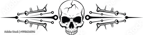 Vintage Hand Drawn Gothic Human Skull with Cracked Forehead and Symmetrical Spiked Bone Elements Isolated on White Background for Tattoo Design and Edgy Streetwear Apparel