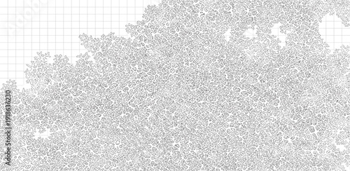 A serene forest landscape with dense foliage viewed from a distance in a misty atmosphere