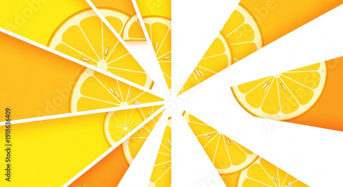 Vibrant orange slices exploding in a dynamic pattern of yellow and orange hues with white lines
