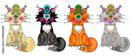 Set of cute and colorful cats with bangs and cheeks in black, orange, white, and gray. Perfect for emoji icons, coloring books, and pet store designs. Vector illustration for creative projects