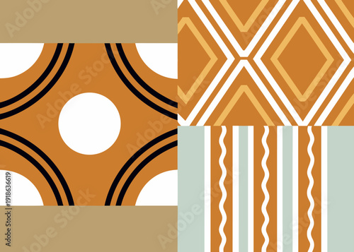 Composite image displaying four distinct geometric patterns in shades of orange tan white and black including circles diamonds and wavy lines.
