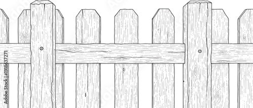 Detailed illustration of a wooden fence with pickets and rails from a frontal viewpoint