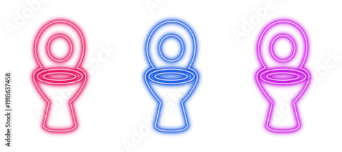 Neon glowing toilet vector icons set, bathroom, restroom, wc, lavatory, hygiene, vibrant colorful digital design illustration on transparent background.