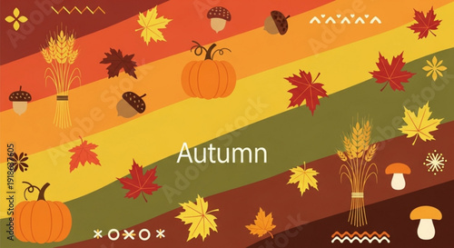 Vibrant autumn background with pumpkins leaves and wheat on colorful diagonal stripes