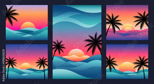 Vibrant tropical sunset scenes in six panel windows with palm trees and colorful sky