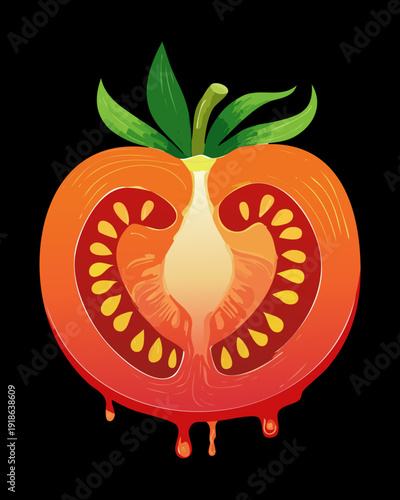 Half of a juicy red tomato with seeds for fresh salad recipes and healthy organic food menu design - Vector Illustration