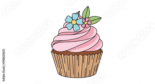 Delicious pink frosted cupcake with blue flowers on top and brown wrapper