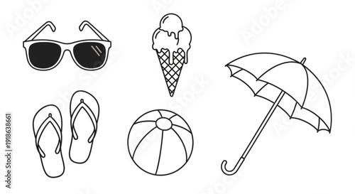 Summer vacation icons including sunglasses flip flops umbrella ice cream and beach ball