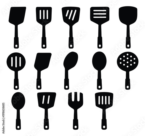 Black silhouette kitchen utensils set featuring various cooking spatulas and spoons for food preparation