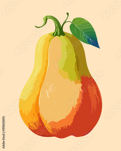Fresh yellow and orange pear with leaf for healthy organic snack and juice labels and autumn harvest themes - Vector Illustration