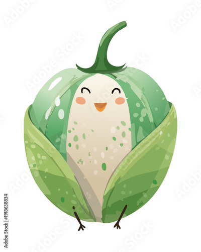Happy green vegetable character with white belly for kids nutrition education and organic farming marketing for children - Vector Illustration