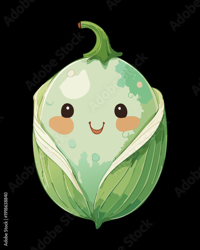 Cute green pea mascot with small hands for organic product labels and healthy diet lifestyle promotional design elements - Vector Illustration