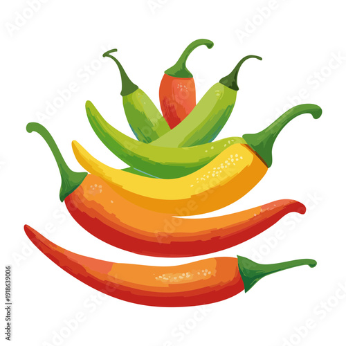 Assorted colorful chili peppers stacked for spicy food branding and healthy organic seasoning market promotional design elements - Vector Illustration
