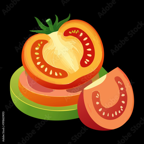 Juicy red tomato cut in half showing seeds for healthy cooking and organic vegetable market promotional graphics - Vector Illustration