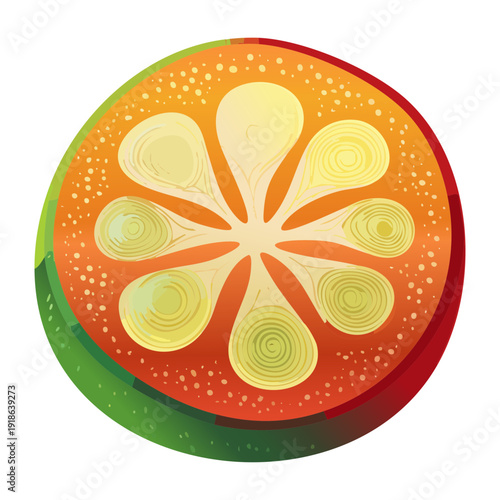 Symmetrical orange vegetable slice with seeds for healthy cooking and organic farm produce market and culinary design - Vector Illustration