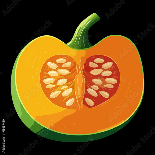 Half cut orange pumpkin with visible seeds and detailed texture for healthy vegetable soup and autumn decoration - Vector Illustration