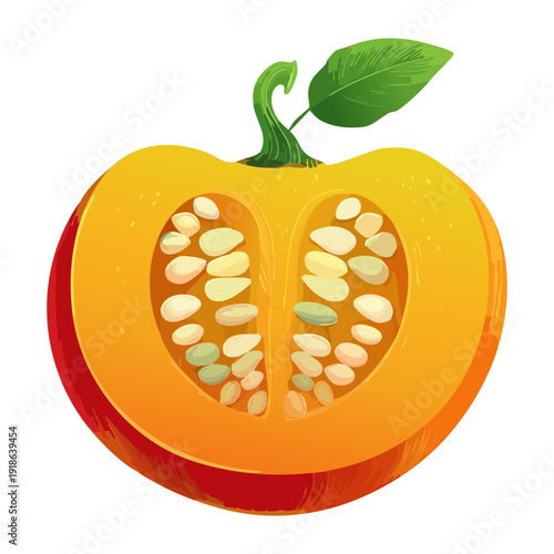 Close up of sliced orange pumpkin showing detailed seeds and thick organic skin for autumn seasonal cooking - Vector Illustration