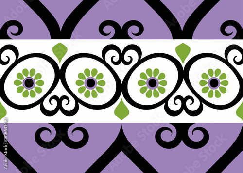 Symmetrical black scrolls on purple bands frame a central white strip featuring green circular flower motifs and black oval loop patterns.