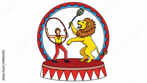 Circus performer and lion act with hoop and maraca on stage