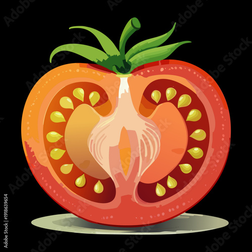 Half cut red tomato with detailed inner structure for organic vegetable branding and healthy kitchen recipes - Vector Illustration
