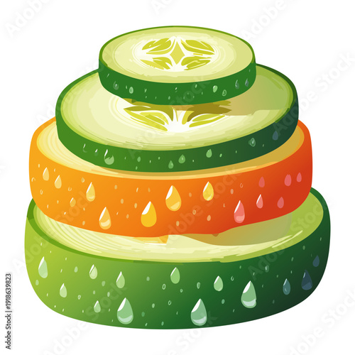 Layered tower of sliced green and red vegetables for healthy organic appetizers and creative culinary food presentation - Vector Illustration