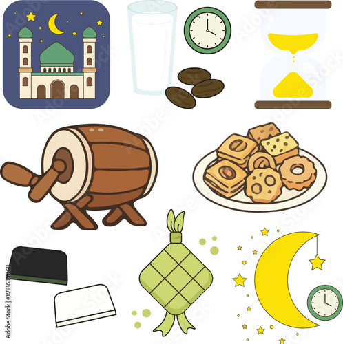 Vector illustration set of Ramadan and Islamic elements including mosque at night, glass of milk, dates, wall clock, hourglass, traditional bedug drum, ketupat, and prayer cap.