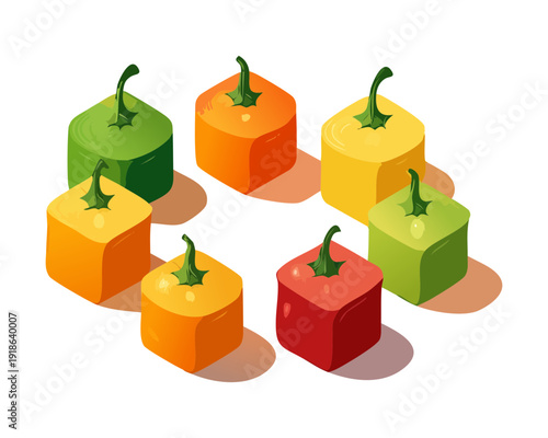Isometric arrangement of small colorful bell pepper cubes for healthy food preparation and creative culinary kitchen concepts - Vector Illustration