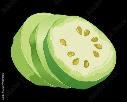 Sliced green cucumber or zucchini pieces on dark background for healthy organic salad and culinary vegetable recipes - Vector Illustration