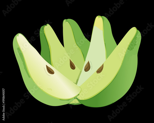 Sliced green fruit or vegetable showing segments for healthy organic diet and fresh culinary garden harvest icons - Vector Illustration