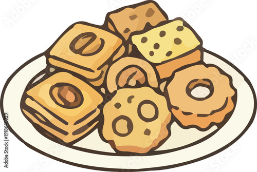 Title/Description:
Assorted delicious cookies and biscuits on a plate vector illustration. Hand-drawn style collection of shortbread, chocolate chip, and butter cookies for bakery, or cafe concept