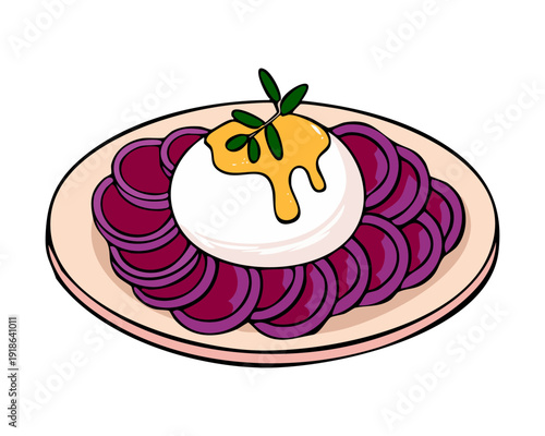 Creamy burrata cheese served over sliced red beets with fresh herbs and olive oil drizzle on plate - Vector Illustration