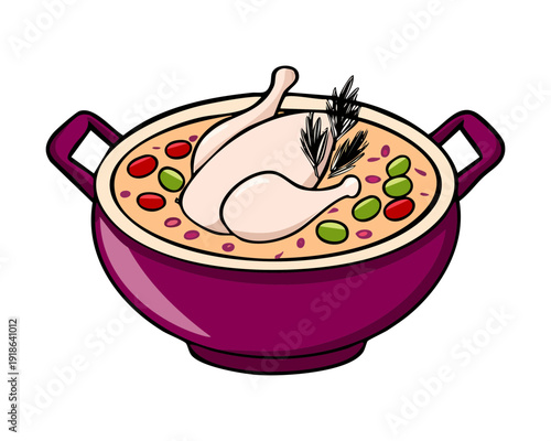 Hot savory chicken stew cooked with purple grapes and fresh vegetables in a traditional ceramic pot - Vector Illustration