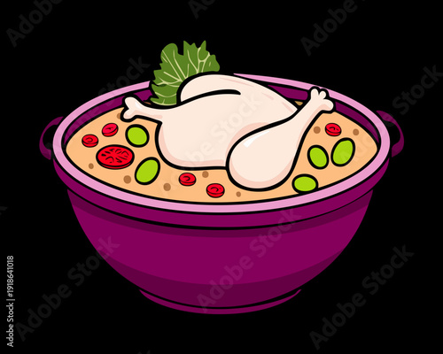 Delicious roasted chicken legs with sweet grape glaze served in a dark purple ceramic cooking dish - Vector Illustration