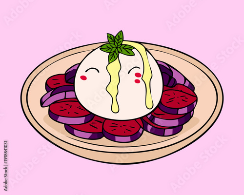 Gourmet dessert bowl with white cream mousse topped with sweet grape sauce and mint leaf garnish - Vector Illustration