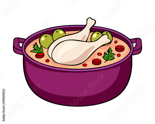 Braised chicken thighs with grapes and vegetables in a purple ceramic pot for a family dinner - Vector Illustration
