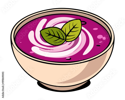 Creamy purple fruit smoothie bowl garnished with fresh mint leaves and grapes for healthy organic eating - Vector Illustration
