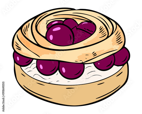 Large cream puff pastry sandwich filled with vanilla cream and topped with fresh juicy purple grapes - Vector Illustration