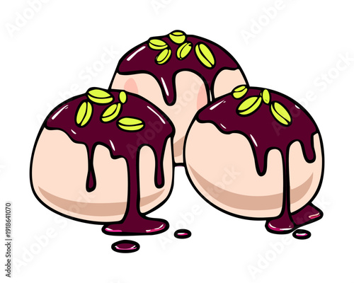 Delicious profiteroles filled with cream and topped with dark chocolate sauce and fresh sweet purple grapes - Vector Illustration