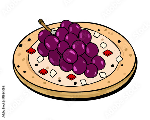 Flatbread pizza topped with sweet purple grapes and crumbled cheese for a unique gourmet dining experience - Vector Illustration