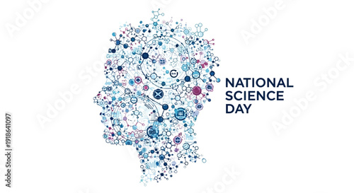 Illustration of a human head made of colorful science and technology icons on National Science Day against a clean white background.