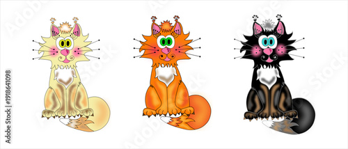 Set of cute and colorful cats with bangs and cheeks in black, orange, white, and gray. Perfect for emoji icons, coloring books, and pet store designs. Vector illustration for creative projects