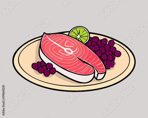 Fresh salmon fillet cooked with purple grapes and served with lime on a rustic serving plate - Vector Illustration