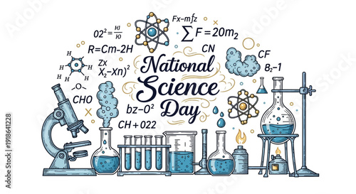 Illustration of lab equipment and scientific symbols celebrating National Science Day with a blue and yellow color scheme on a white background.