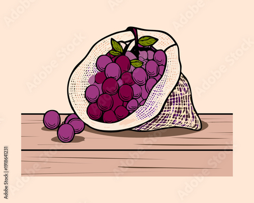 Burlap sack filled with fresh purple grapes harvested from the farm for organic fruit market display - Vector Illustration