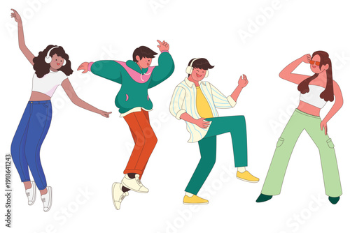 Collection of happy young people dancing and enjoying music. Modern character illustration isolated on white background, perfect for lifestyle, youth, and party themes