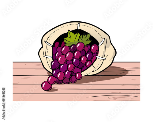 Freshly harvested purple grapes spilling out of a burlap sack on a rustic wooden table background - Vector Illustration