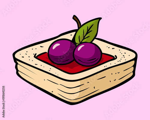 Sweet square pastry topped with purple grape jam and fresh fruit for a delicious bakery treat - Vector Illustration