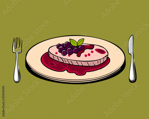 Fine dining plate featuring a roasted meat portion with sweet purple grape sauce and fresh garnish - Vector Illustration